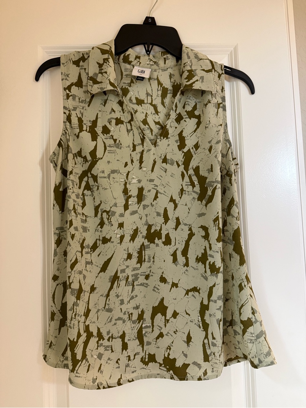 CAbi Olive and Sage Abstract Collared Sleeveless Top